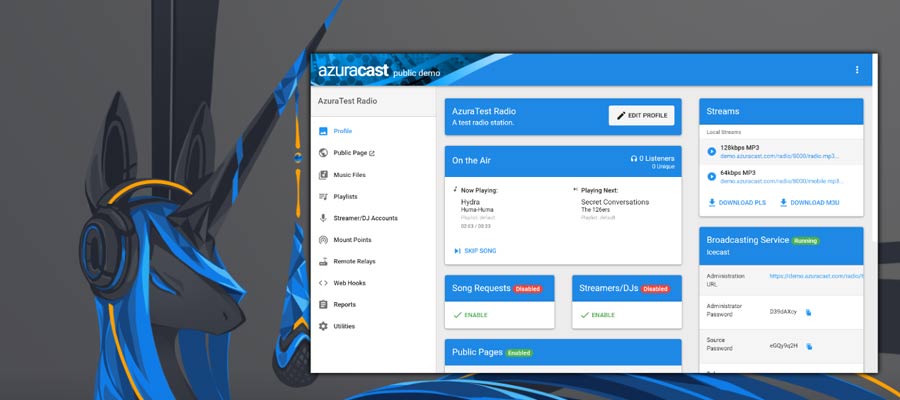 Azuracast streaming radio paneel for online stations